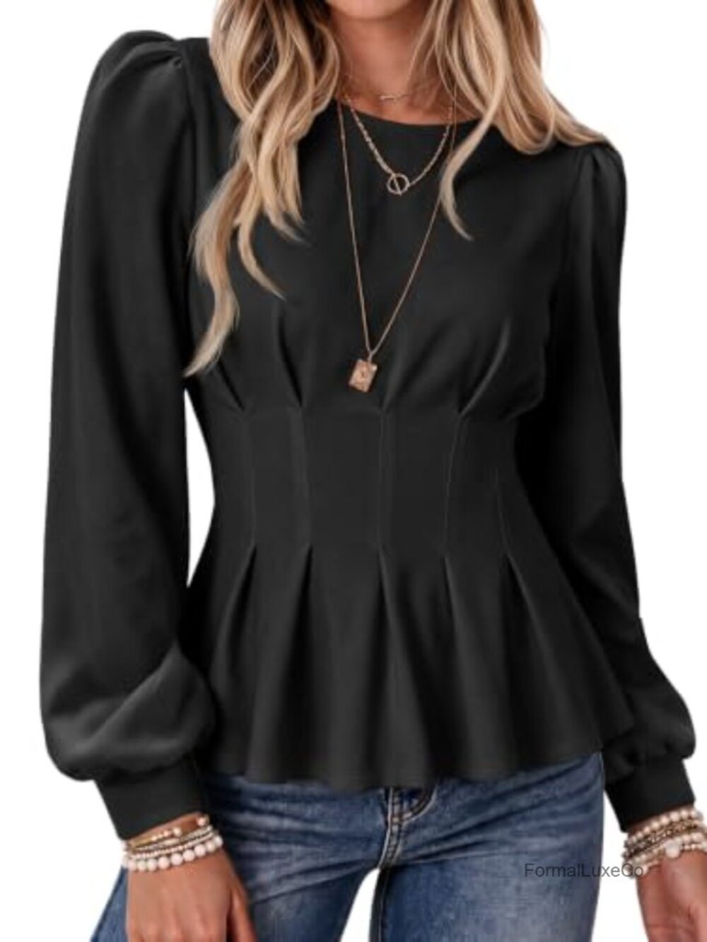 Peplum Tunic Top Puff Sleeve Cinched Waist Dressy Casual Blouse